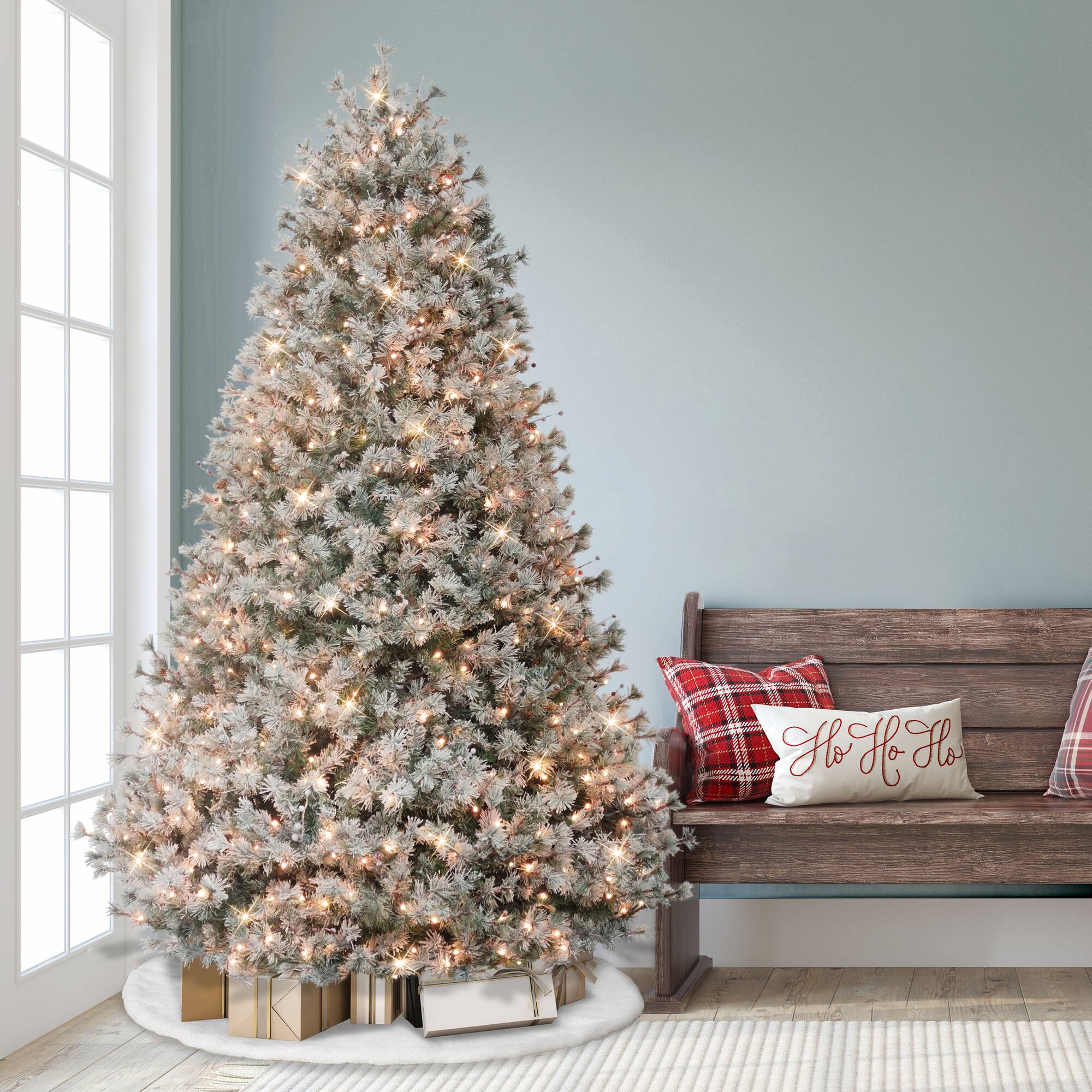 7.5ft. Pre-Lit Flocked Idaho Spruce Artificial Christmas Tree, Warm White Lights